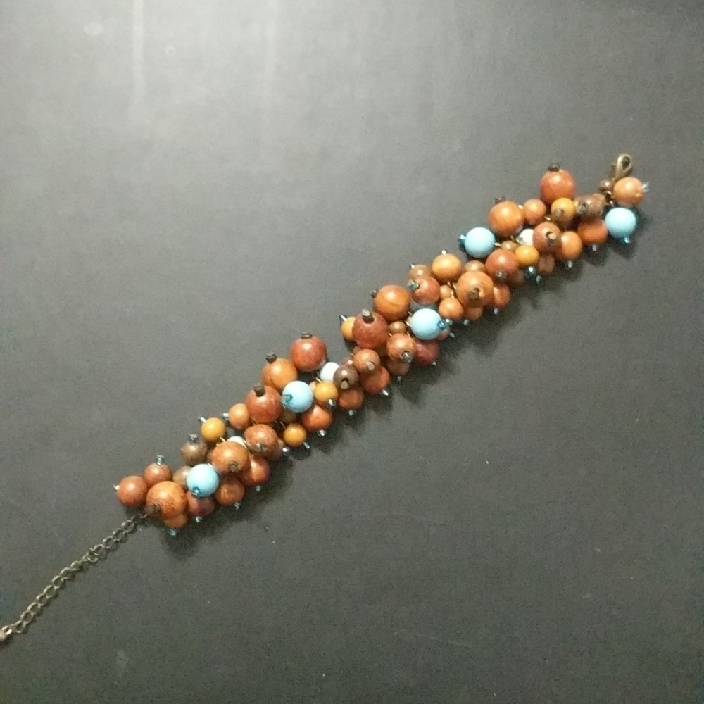 Brown Wooden and Turquoise Blue Colored Beaded Statement Bracelet